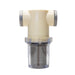 Water filter assembly with clear bowl and reusable 80‑micron stainless steel mesh screen, shown with plastic T‑connector and O‑ring gasket; used on US Jetting units to protect high‑pressure pumps by filtering debris from incoming water.