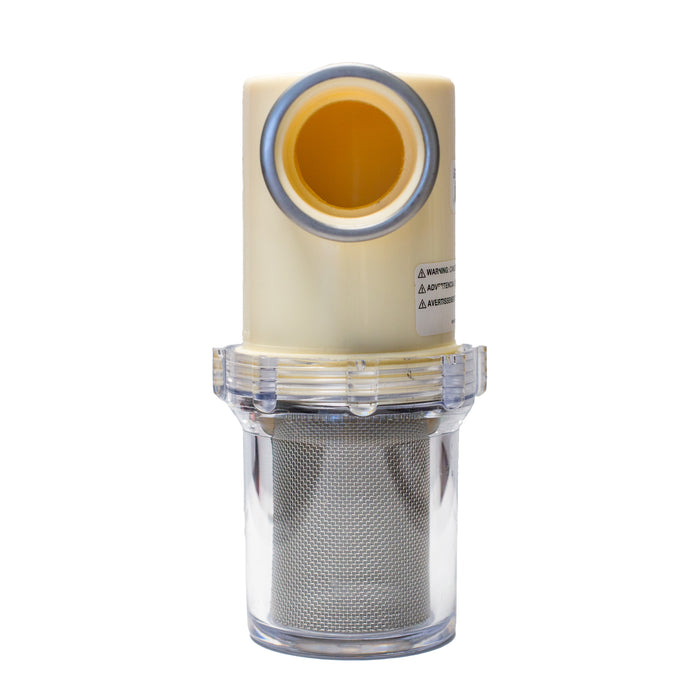 Inline water filter assembly with beige plastic housing, clear bowl, and internal stainless steel mesh screen; used on US Jetting units to filter debris and protect high‑pressure pump components.