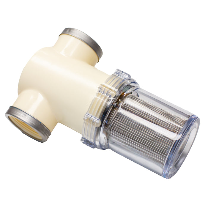 T‑style inline water filter assembly with clear bowl and 80‑micron stainless steel mesh screen, shown fully assembled; used on US Jetting units to filter debris and protect high‑pressure pump components.