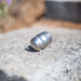 Compact stainless steel ENZ Bulldog‑style sewer jetting nozzle on a stone surface outdoors, featuring a precision‑machined rounded head with a central jet orifice and an oil‑free braking system for controlled slow rotation; compatible with fresh or recycled water and engineered for cutting grease, roots, and heavy pipeline deposits using powerful rear and forward jet patterns, with an optional 90‑degree descaling head available for removing tough scale from pipe walls.