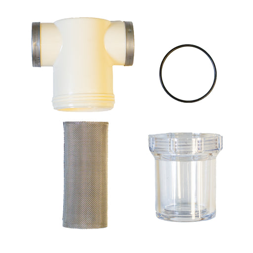 Individual water filter assembly components displayed separately, including plastic T‑connector, 80‑micron stainless steel mesh screen, clear bowl housing, and O‑ring gasket used on US Jetting units for filtering debris and protecting high‑pressure pump components.