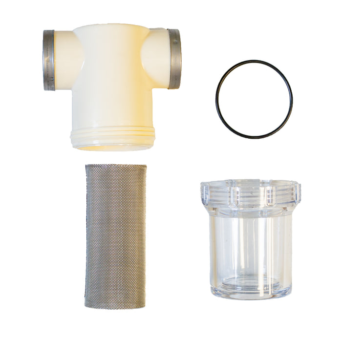 Individual water filter assembly components displayed separately, including plastic T‑connector, 80‑micron stainless steel mesh screen, clear bowl housing, and O‑ring gasket used on US Jetting units for filtering debris and protecting high‑pressure pump components.