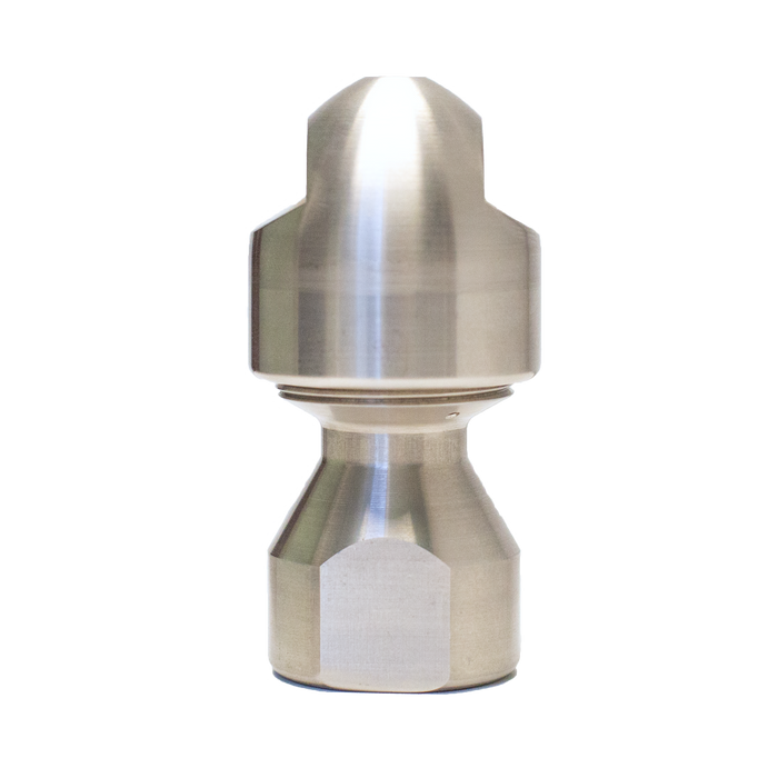 Stainless steel 1/2" RPD jetter nozzle with two‑piece precision‑machined design, rounded hydrodynamic head, and corrosion‑resistant construction for high‑pressure 6,000 PSI drain cleaning; engineered for 1/2" jetting hose to clear blockages and navigate bends in 4" and larger pipes.