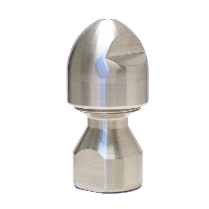Stainless steel 1/2" RPD jetter nozzle with precision‑machined two‑piece design, rounded hydrodynamic head, and corrosion‑resistant construction for high‑pressure 6,000 PSI drain cleaning; engineered for 1/2" jetting hose to clear blockages and navigate bends in 4" and larger pipes.