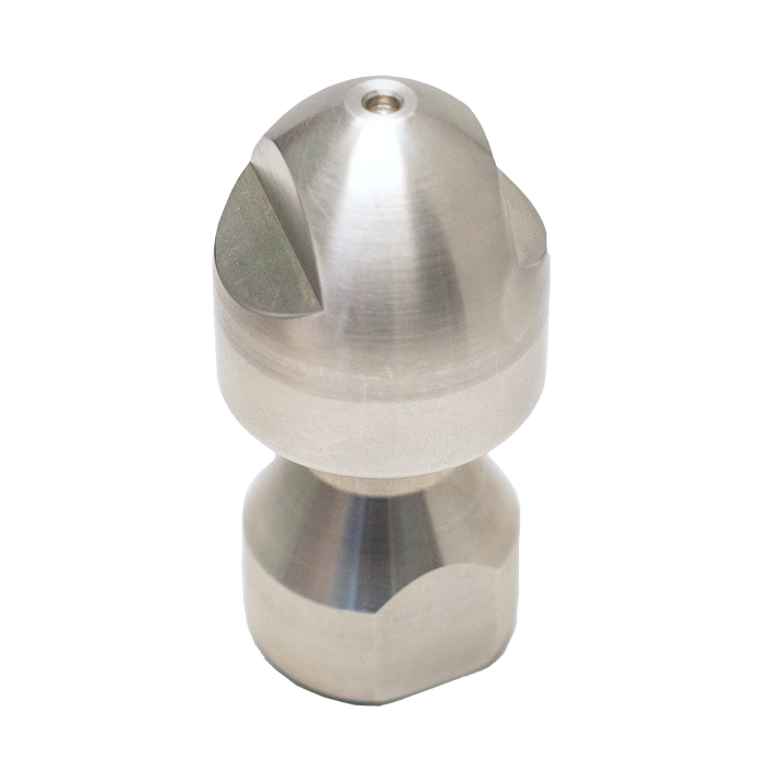 Stainless steel 1/2" RPD jetter nozzle with two‑piece precision‑machined design, rounded head, and hydrodynamic water passages for reduced turbulence; high‑pressure 6,000 PSI drain cleaning nozzle engineered for 1/2" jetting hose, corrosion‑resistant and ideal for clearing blockages in 4" and larger pipes.