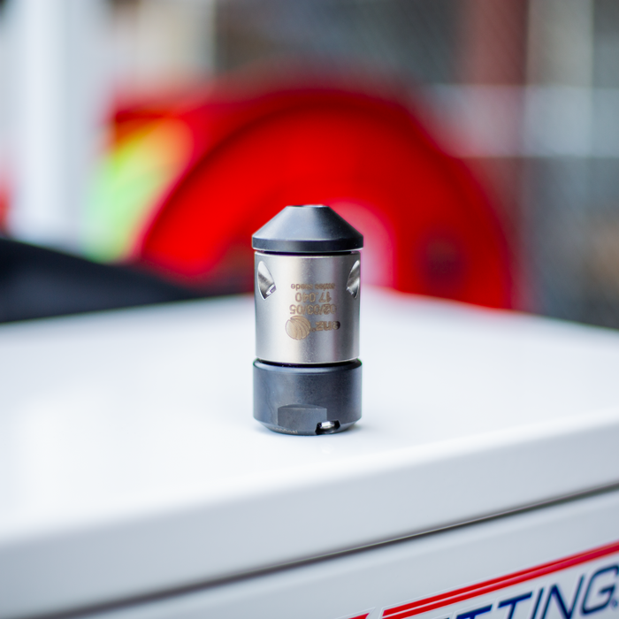 HRV sewer jetting nozzle with 4 forward 45‑degree impact jets and 3 rear retro‑thrust jets, engineered for corkscrew‑style pushing through clogged pipes after descaling; high‑pressure debris‑pushing nozzle for professional drain and main sewer cleaning.