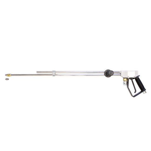 4000 PSI 8 GPM Dump Gun for pressure washing with ½-inch hose, fan jet and pencil jet tips, long barrel extension, brass fittings, and low‑pressure dump feature for safe trigger release.