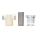 Disassembled T‑style water filter assembly showing plastic T‑housing, 80‑micron stainless steel mesh screen, and clear bowl; components used on US Jetting units to filter debris and protect high‑pressure pump systems.