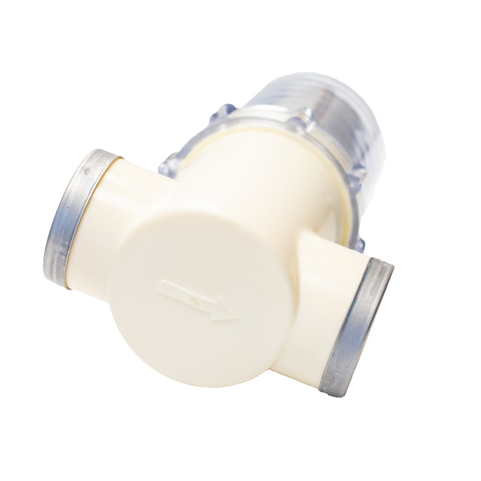 Plastic T‑connector for US Jetting water filter assembly, featuring directional flow marking and threaded inlet; used to house the clear bowl and stainless steel mesh screen for filtering debris and protecting high‑pressure pump components.