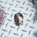 Stainless steel ball jet nozzle on diamond plate surface, high-pressure sewer jetting nozzle for drain and pipe cleaning, durable hydro jetting ball nozzle for removing grease, debris, and blockages in plumbing systems