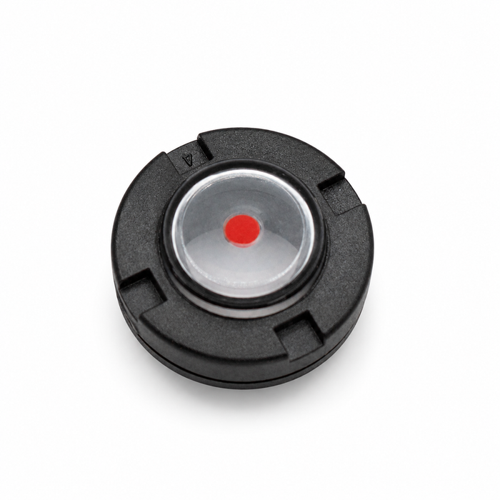 Angled view of US Jetting 4018 pump oil level sight gauge with red fill indicator for monitoring ISO 68 non-detergent pump oil