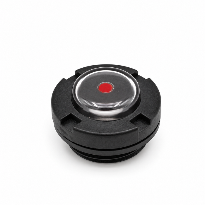 US Jetting 4018 pump oil level sight gauge J-002-915, angled view showing clear sight glass, red dot fill indicator and black threaded housing.