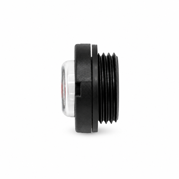 US Jetting 4018 pump oil level sight gauge J-002-915, side view showing the clear viewing window and black threaded housing.
