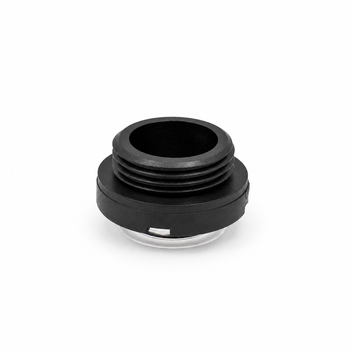 US Jetting 4018 pump oil level sight gauge J-002-915, rear angled view showing black mounting threads and the clear viewing window.