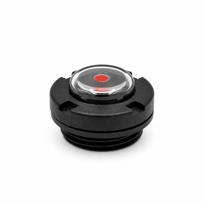 US Jetting 4018 pump oil level sight gauge J-002-915, low angled view showing clear sight glass, red dot fill indicator and black mounting threads.