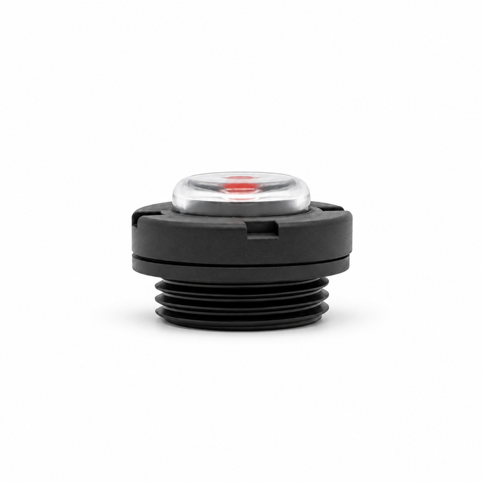 US Jetting 4018 pump oil level sight gauge J-002-915, side profile showing raised clear sight glass, red dot indicator and black mounting threads.