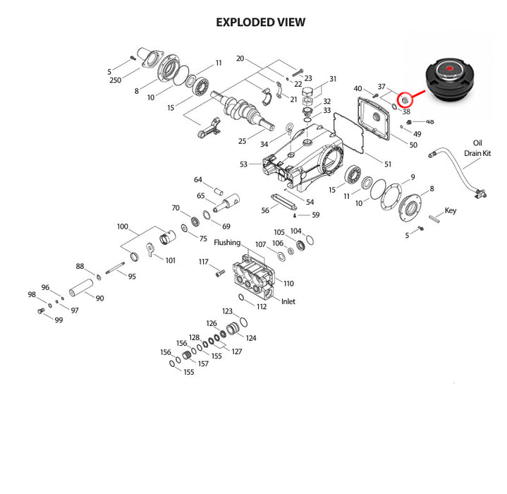 US Jetting 4018 pump exploded parts diagram highlighting the oil level sight gauge with red dot fill indicator.