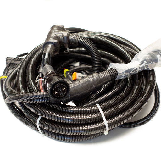 19ft Tier 3 engine wiring harness with multi‑pin connectors, corrugated loom tubing, and control‑panel leads for US Jetting jetter systems.