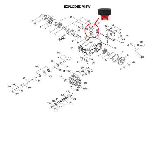 US Jetting high-pressure water pump exploded view showing pump cap location for 4014, 4018, 4025, 3030 and 3036 jetter pumps
