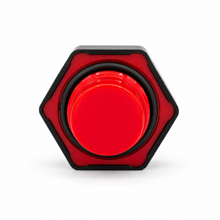 Bottom view of a black hexagonal threaded pump cap showing the red insert and black sealing ring