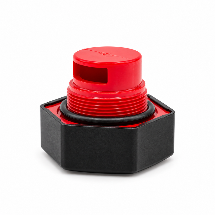 Side view of a black hexagonal pump cap showing its red threaded insert, side opening, and black sealing ring