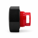 Side profile of a black hexagonal cap with a red threaded insert, rectangular side opening, and black sealing ring