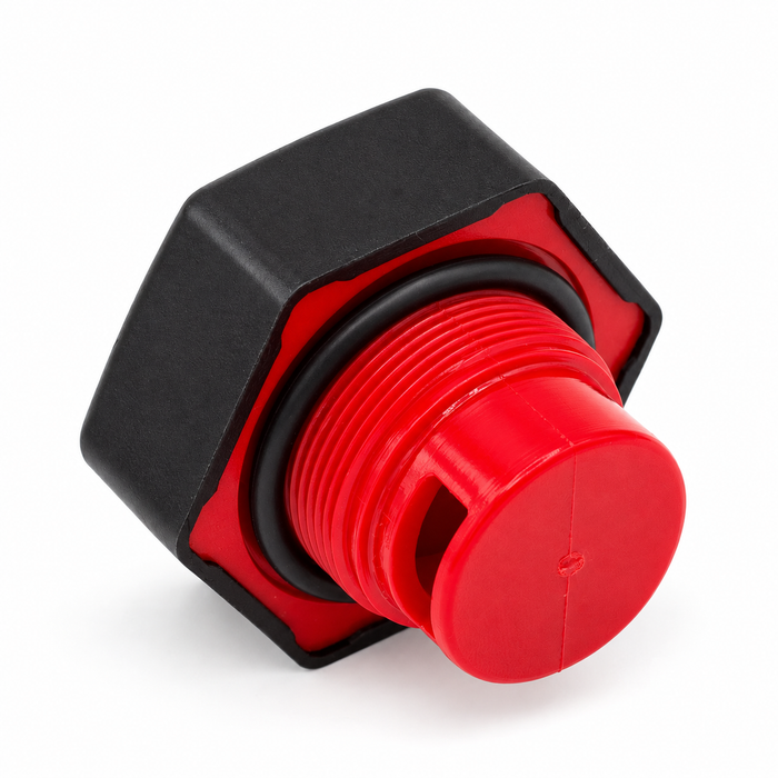 Angled view of a black hexagonal cap showing its red threaded insert, side opening, and black sealing ring