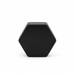Straight-on view of the solid black hexagonal face of a threaded cap against a white background