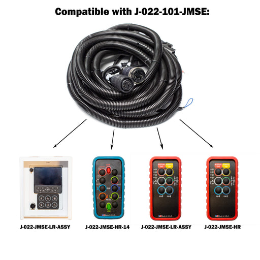 JMS Elite 22ft Tier 4 engine wiring harness with multi‑pin connector shown with compatible JMS Elite and JMS Elite Plus remotes for jetter control panel systems.